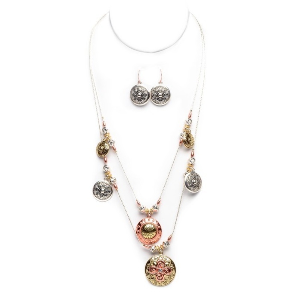 Three tone Necklace and Earrings Set